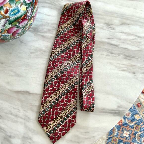 Christian Dior Burgundy, Green & Gold Chainlink Print Tie - Picture 1 of 4